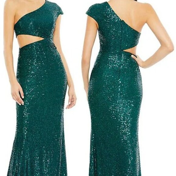 Mac Duggals Teal Green Sequined One Shoulder Cut Out Gown Women's Size 2 New - Picture 4 of 7